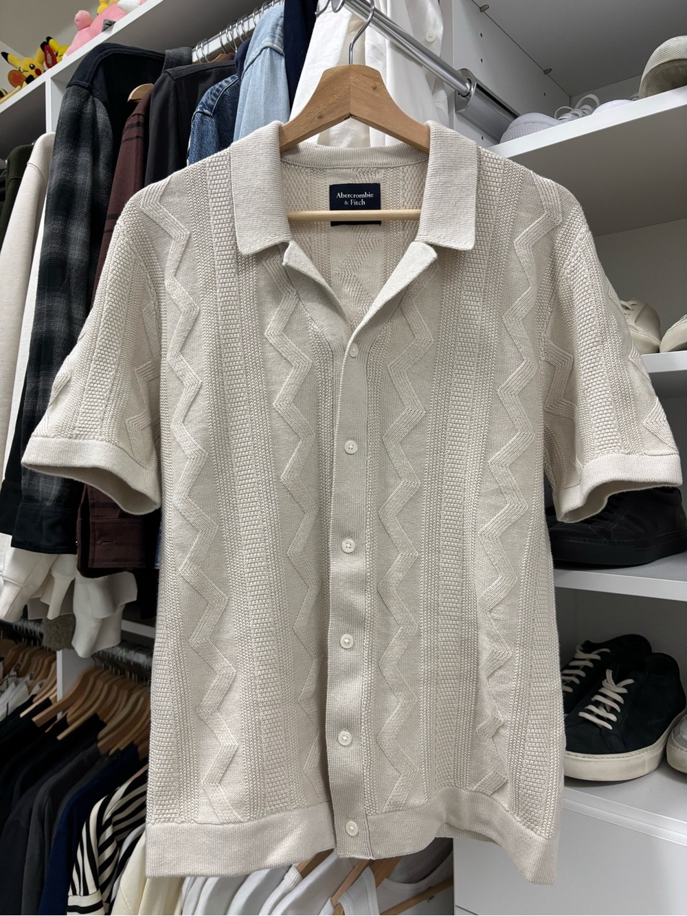 Abercrombie & Fitch Men's Cream Knit Button-Up Polo